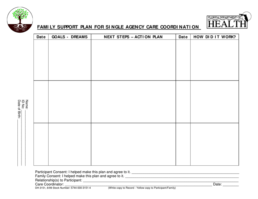 Form DH3151 Family Support Plan for Single Agency Care Coordination - Florida