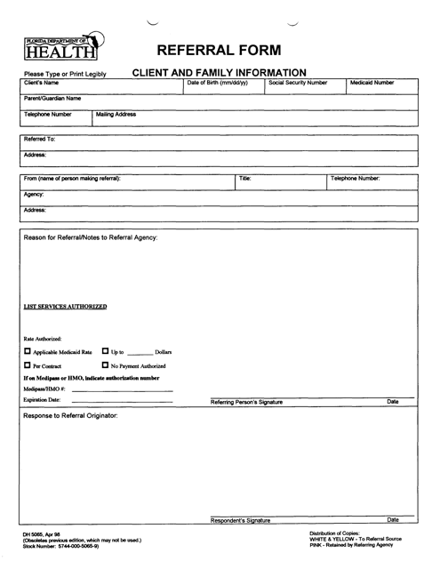Form DH5065 Client and Family Information Referral Form - Florida