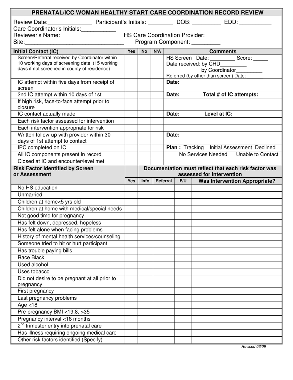 Prenatal / Icc Woman Healthy Start Care Coordination Record Review - Florida, Page 1