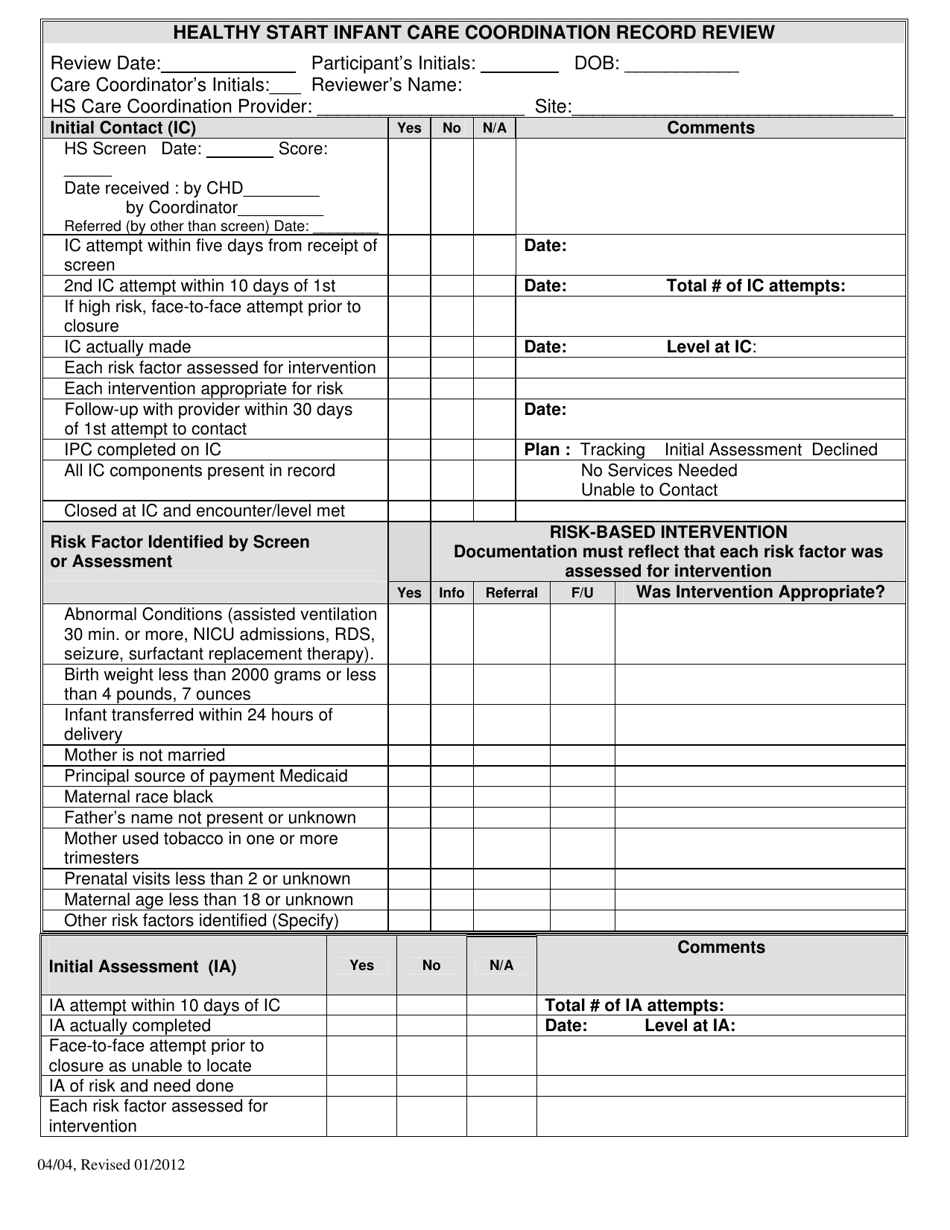 Florida Healthy Start Infant Care Coordination Record Review - Fill Out ...