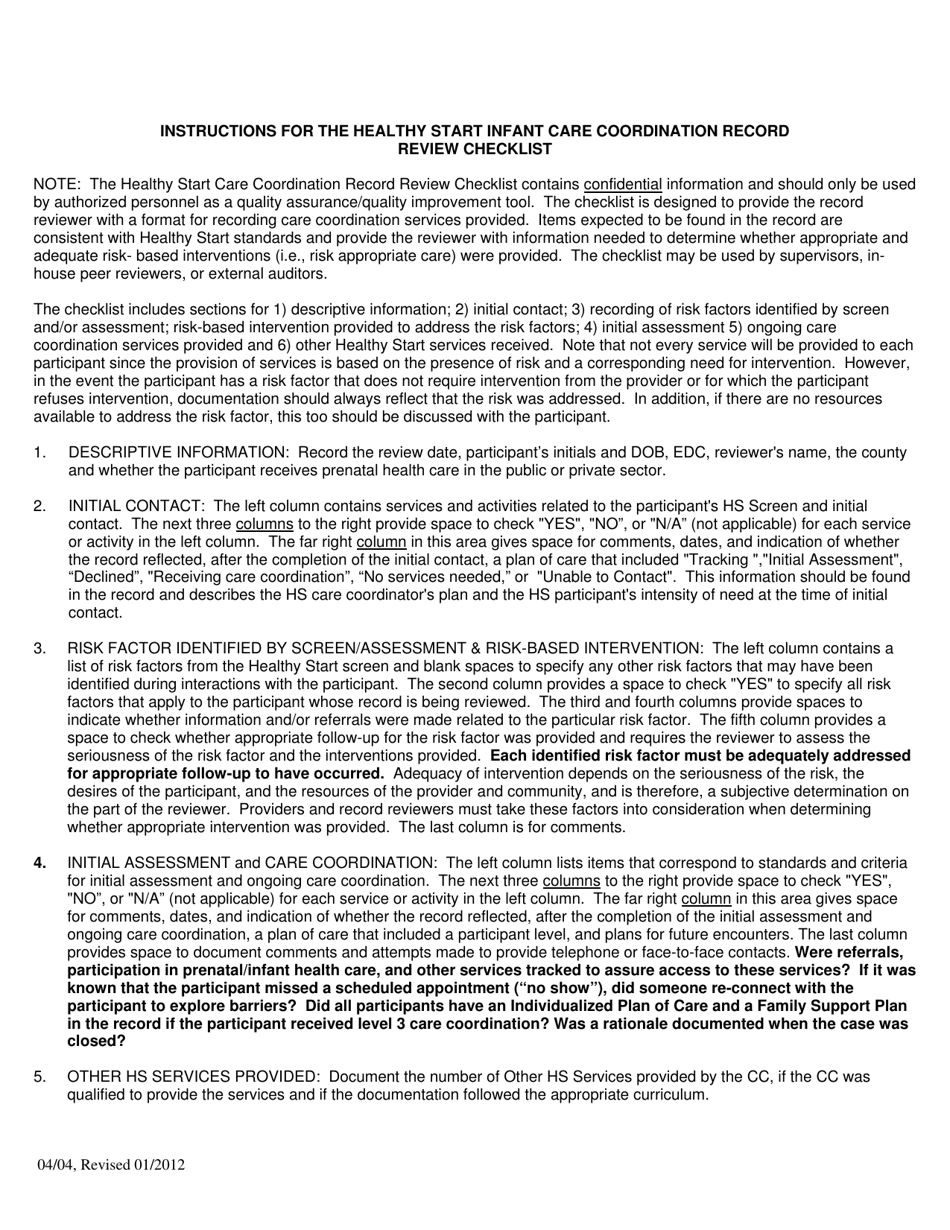 Healthy Start Infant Care Coordination Record Review - Florida, Page 3