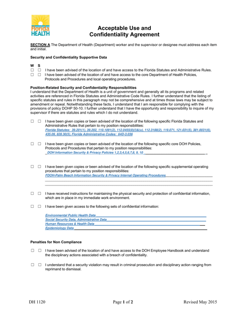 Form DH1120 Acceptable Use and Confidentiality Agreement - Florida