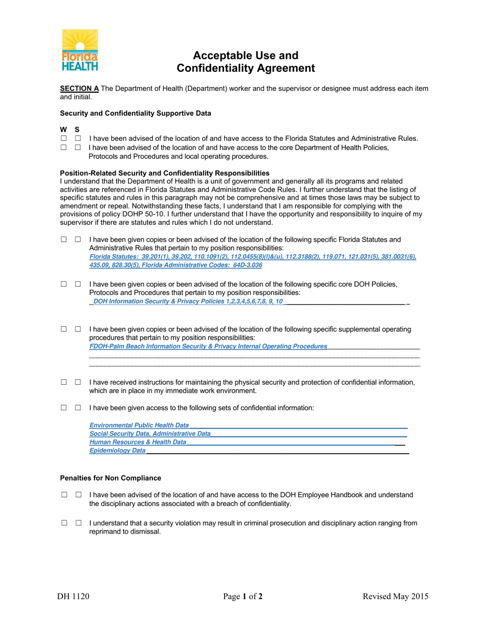 Form DH1120 Acceptable Use and Confidentiality Agreement - Florida, Page 1