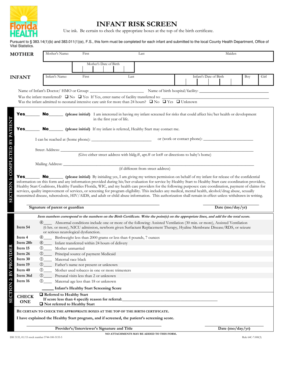Form DH3135 Infant Risk Screen - Florida, Page 1