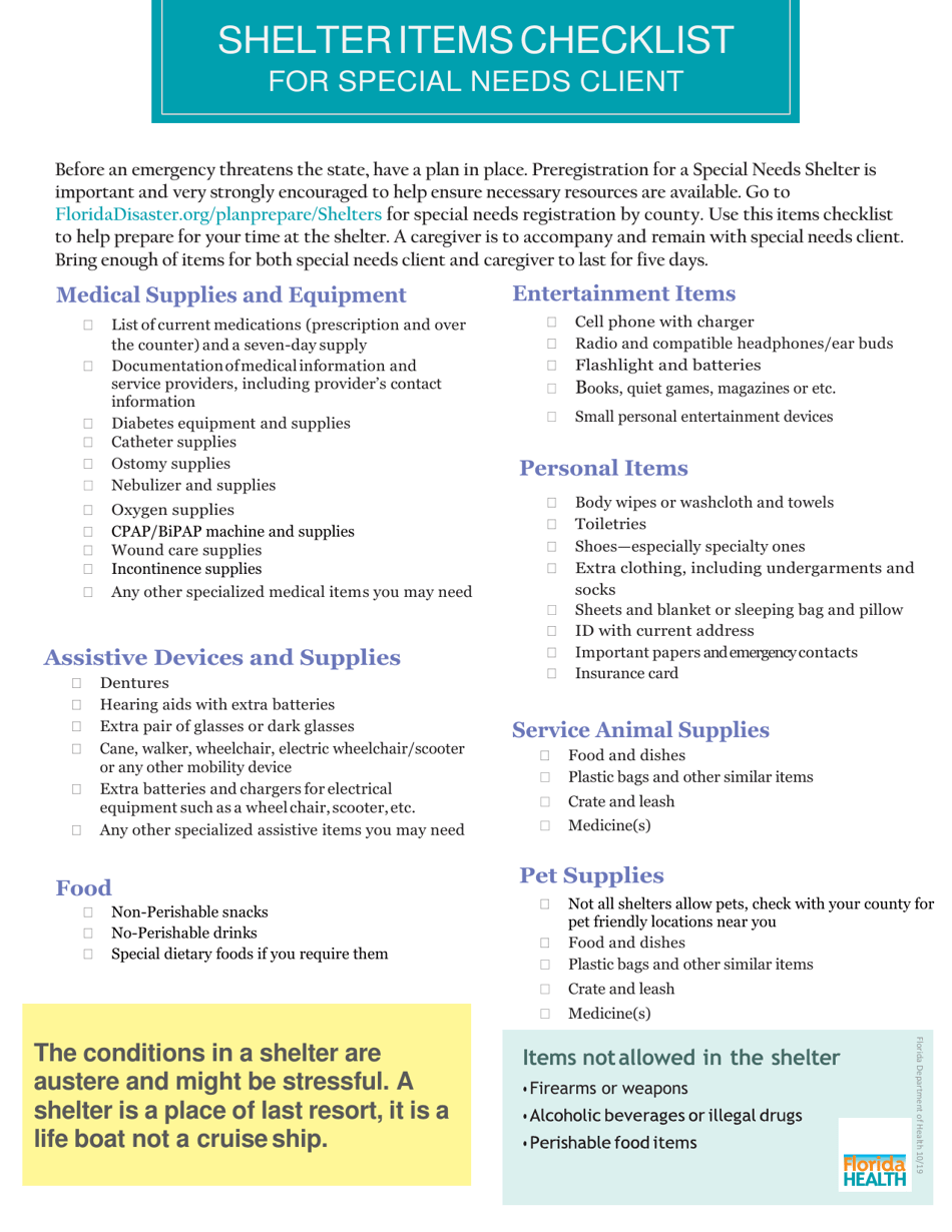 Shelter Items Checklist for Special Needs Client - Florida, Page 1
