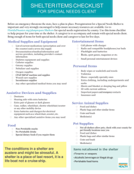 Document preview: Shelter Items Checklist for Special Needs Client - Florida
