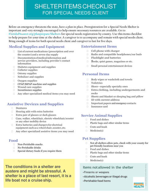 Shelter Items Checklist for Special Needs Client - Florida