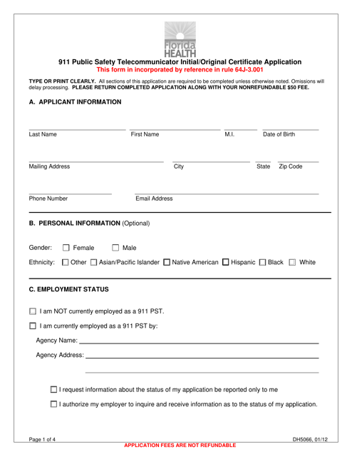 Form DH5066 911 Public Safety Telecommunicator Initial/Original Certificate Application - Florida