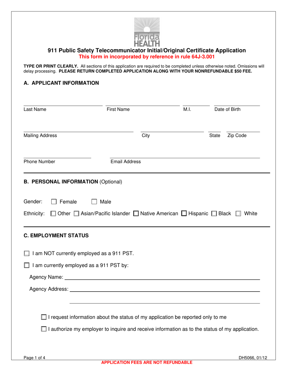 Form DH5066 911 Public Safety Telecommunicator Initial / Original Certificate Application - Florida, Page 1