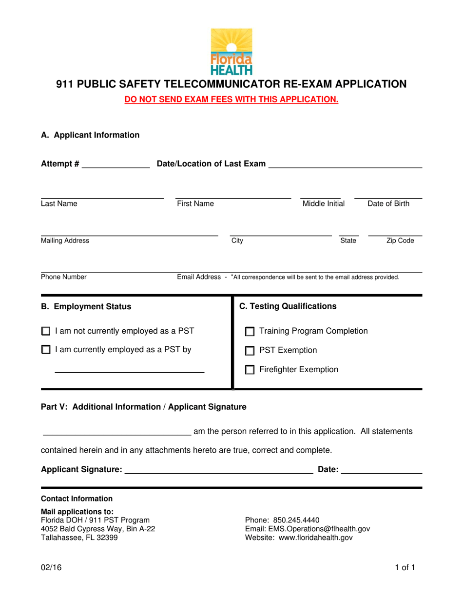 911 Public Safety Telecommunicator Re-exam Application - Florida, Page 1