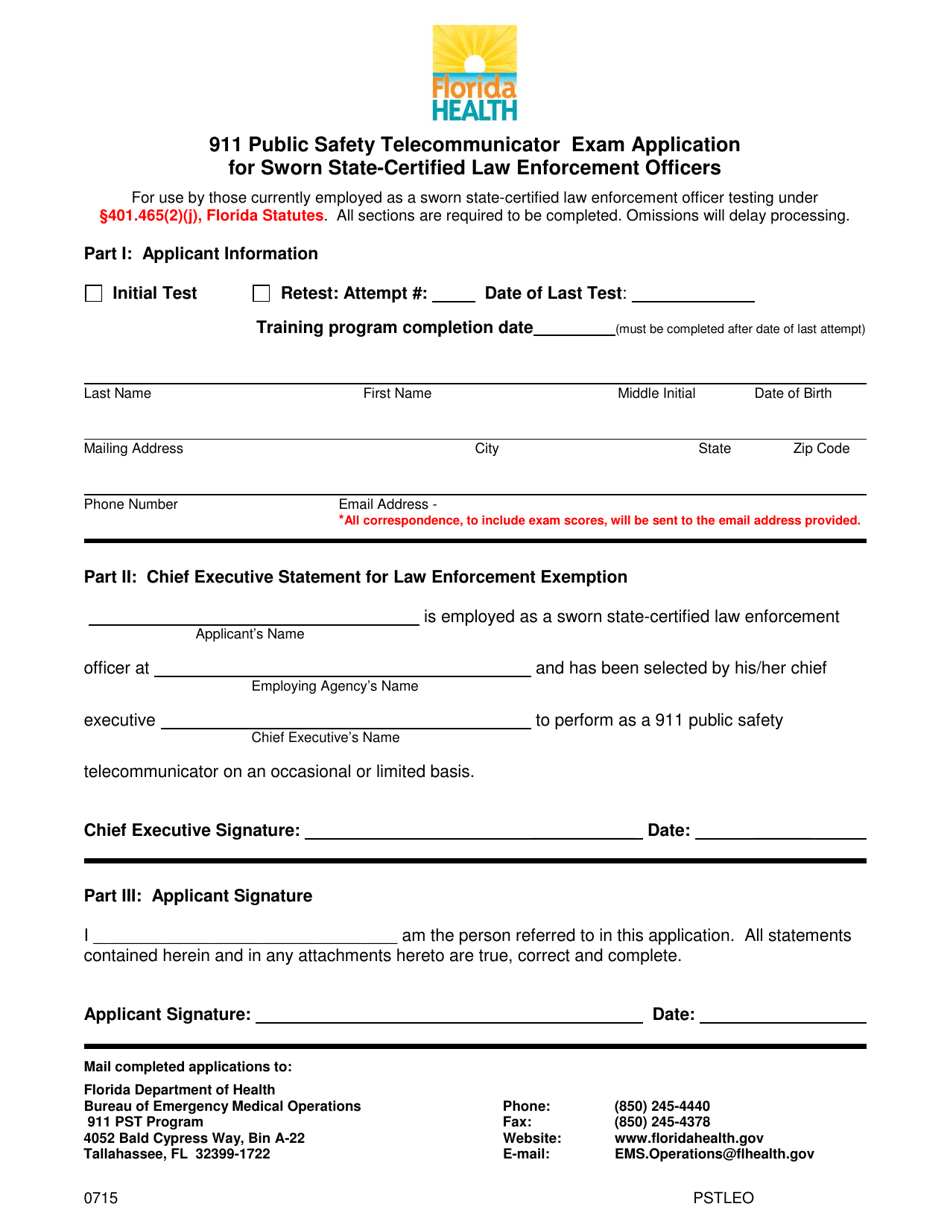911 Public Safety Telecommunicator Exam Application for Sworn State-Certified Law Enforcement Officers - Florida, Page 1