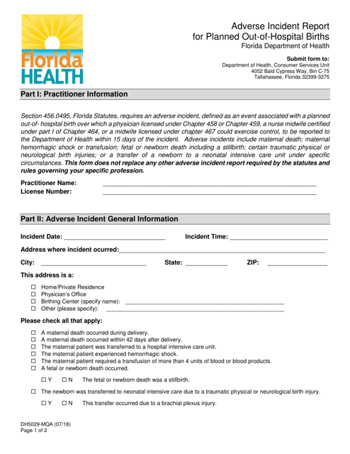 Form DH5029-MQA Adverse Incident Report for Planned out-Of-Hospital Births - Florida