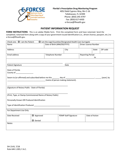 Form DH2143 Patient Information Request - Florida