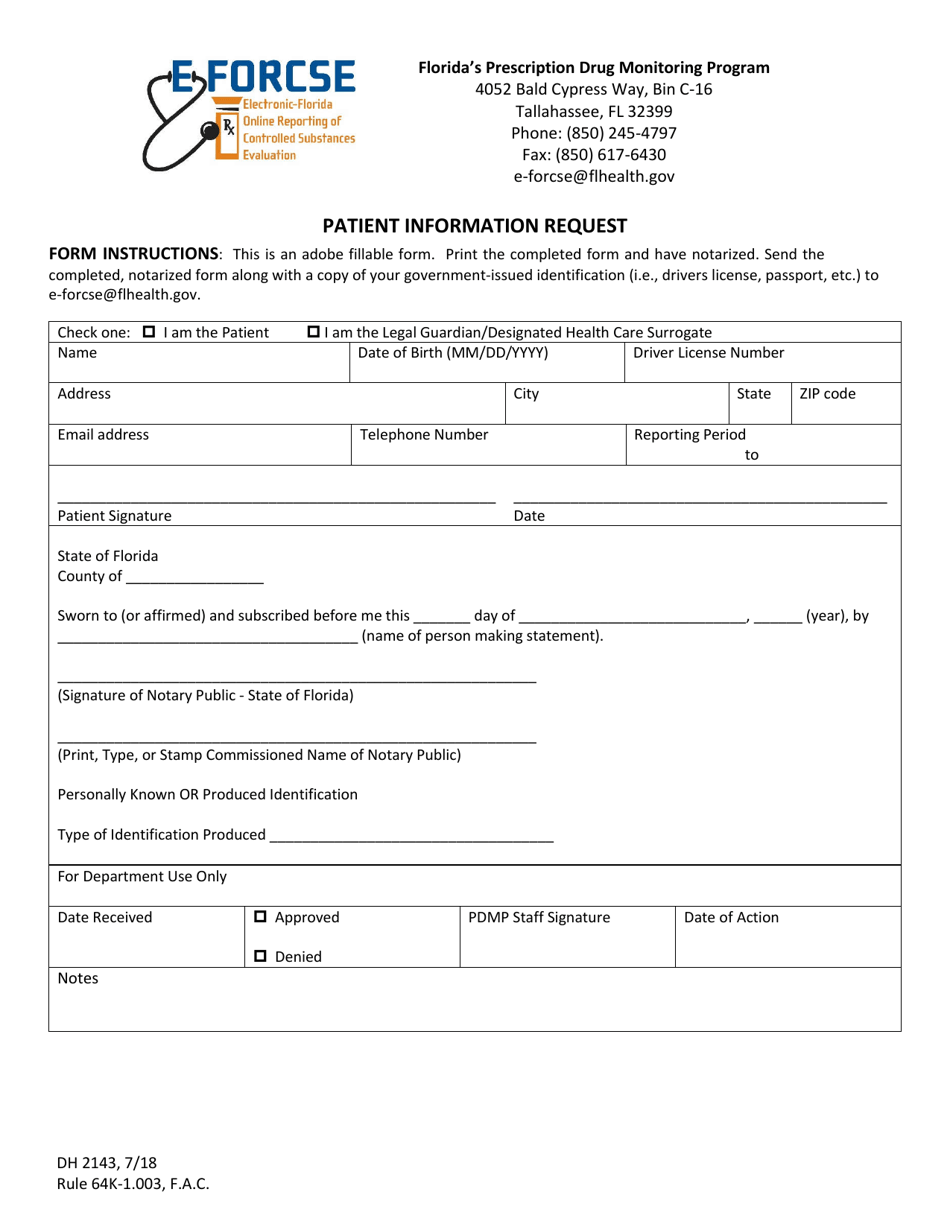 Form DH2143 Patient Information Request - Florida, Page 1