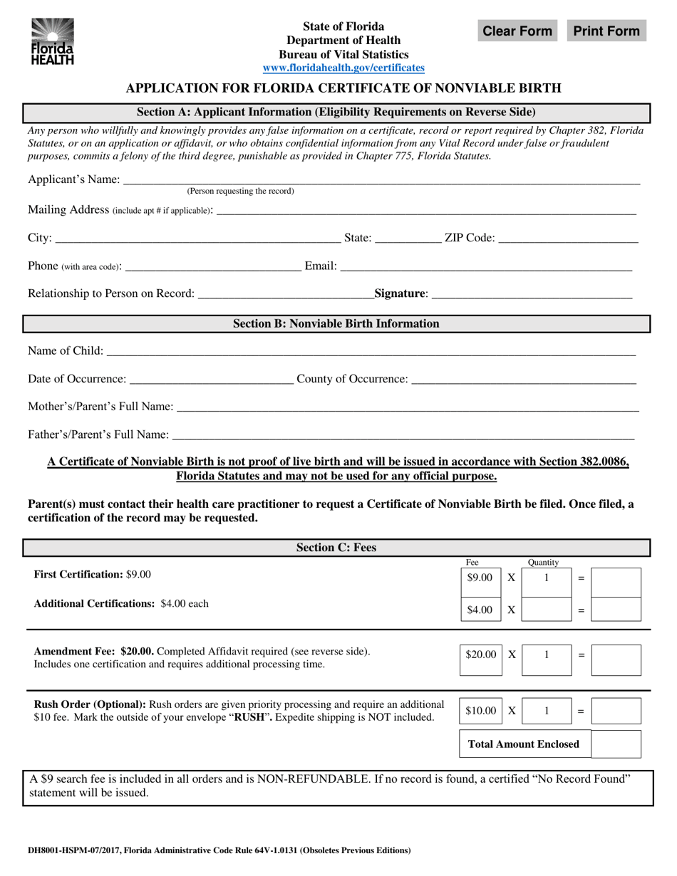 Form DH8001-HSPM Application for Florida Certificate of Nonviable Birth - Florida, Page 1