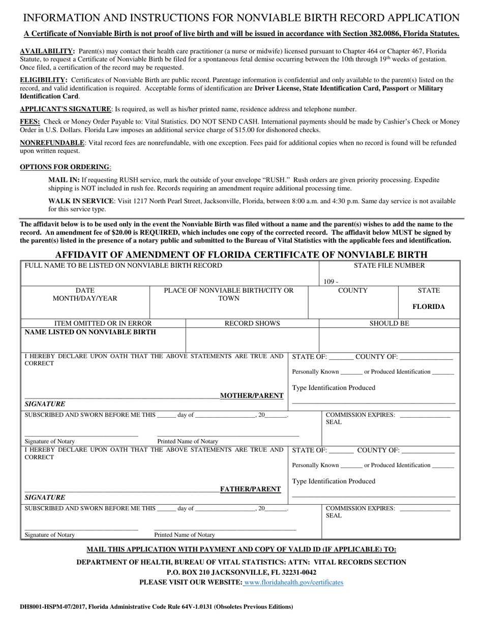 Form DH8001-HSPM Application for Florida Certificate of Nonviable Birth - Florida, Page 2