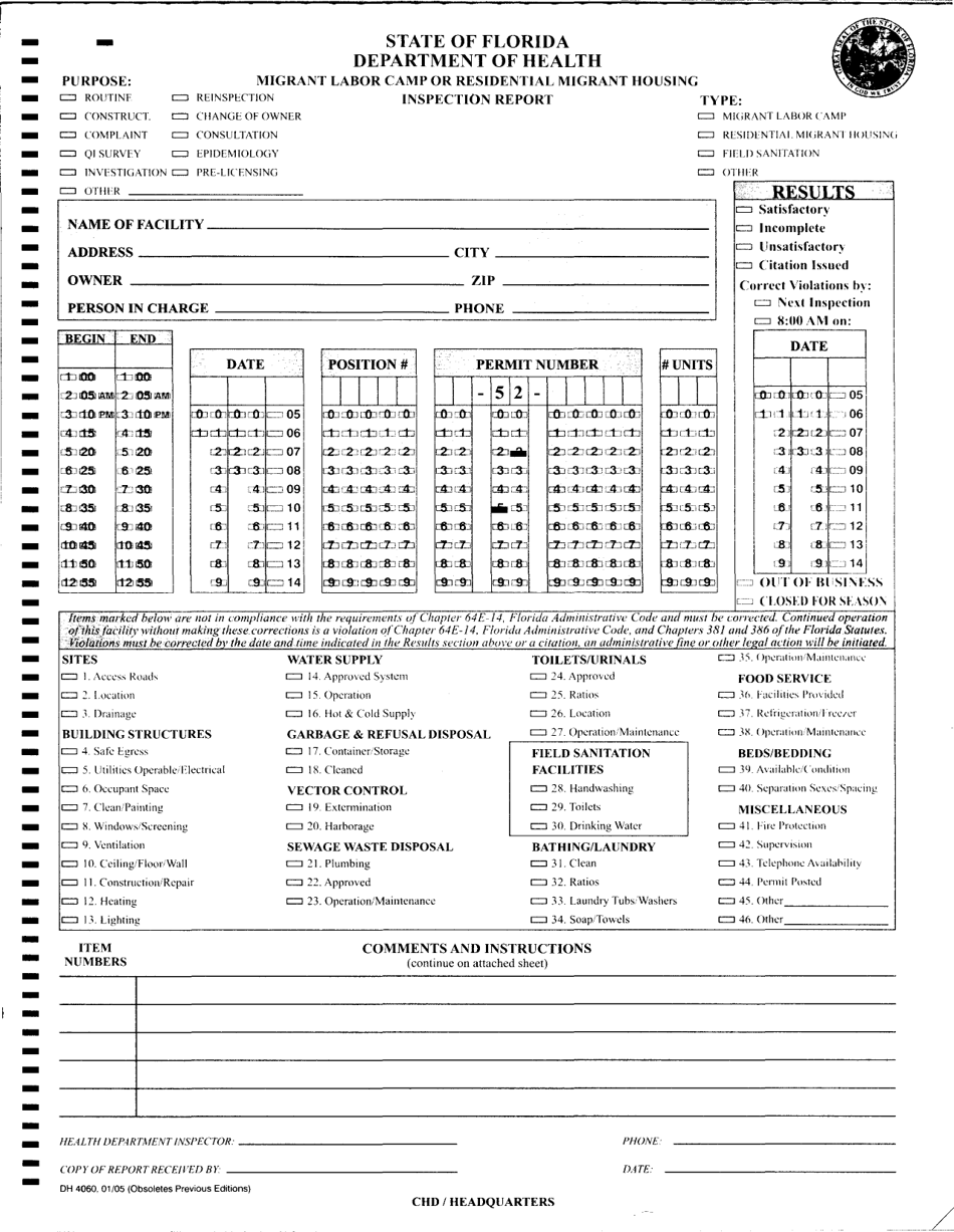 Form DH4060 Migrant Labor Camp or Residential Migrant Housing Inspection Report - Florida, Page 1