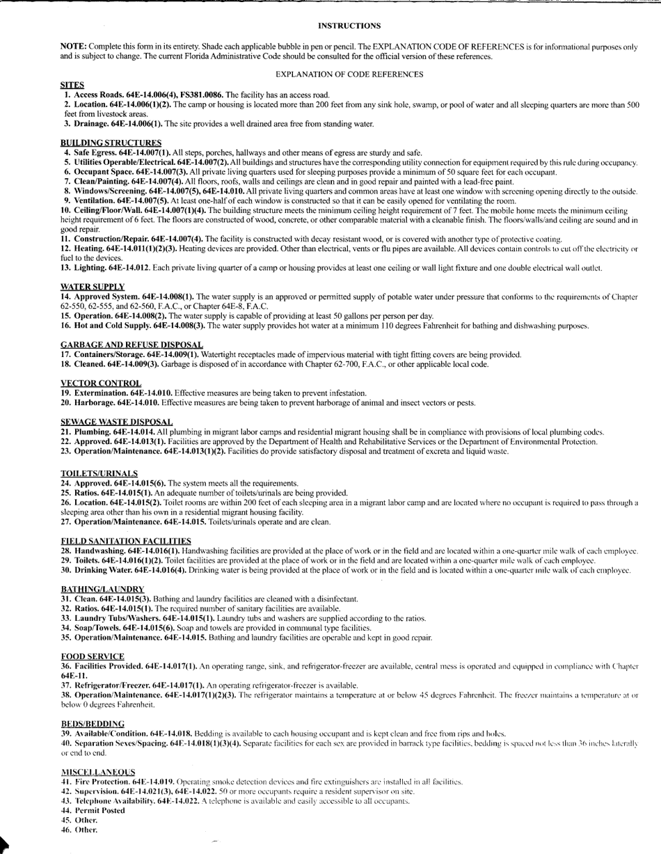 Form DH4060 Migrant Labor Camp or Residential Migrant Housing Inspection Report - Florida, Page 2