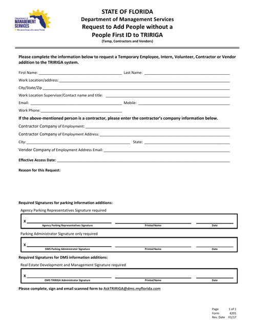 Form 4201 Request to Add People Without a People First Id to Tririga (Temp, Contractors and Vendors) - Florida