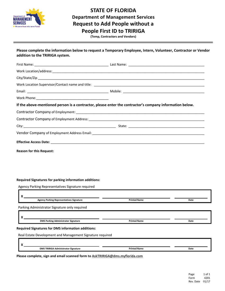 Form 4201 Request to Add People Without a People First Id to Tririga (Temp, Contractors and Vendors) - Florida, Page 1