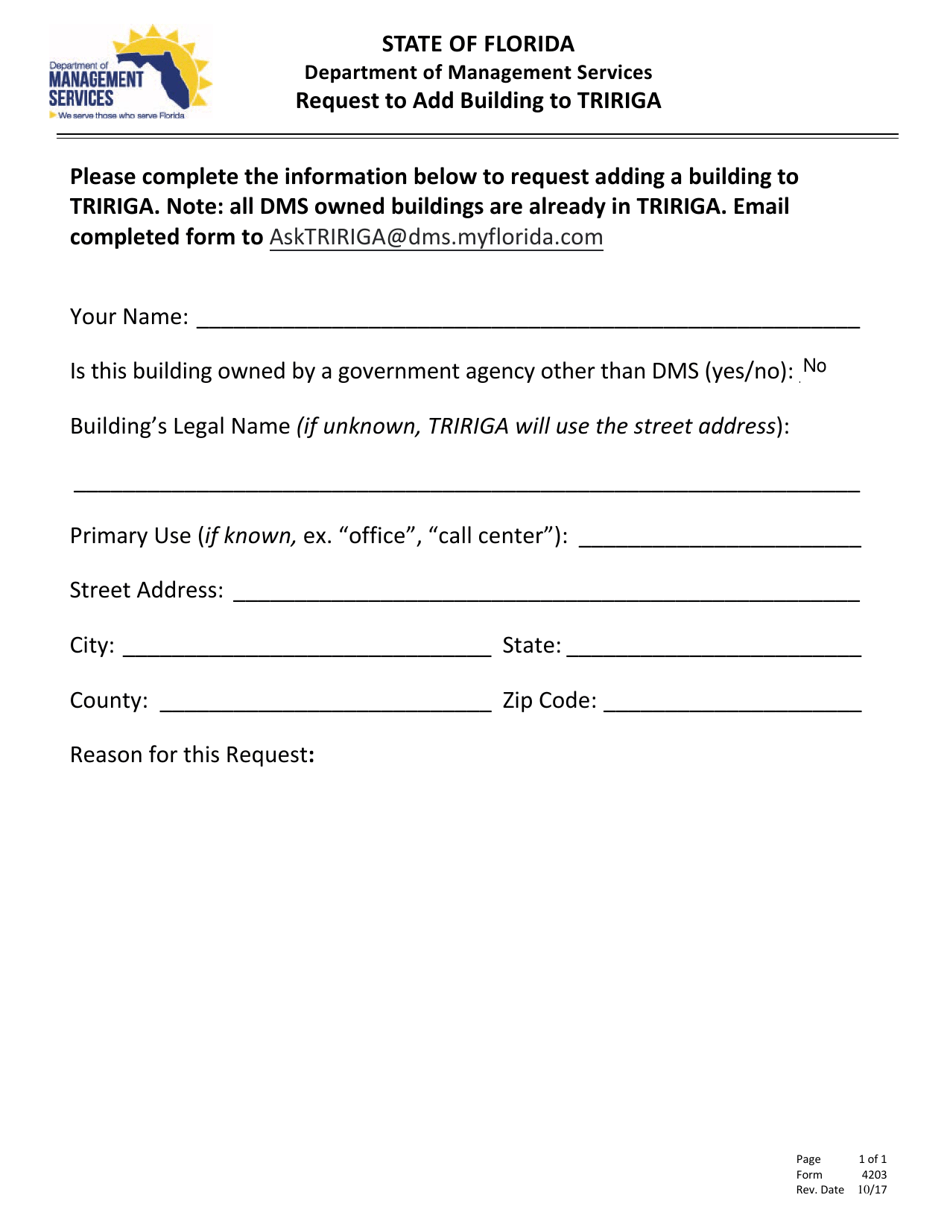 Form 4203 Request to Add Building to Tririga - Florida, Page 1
