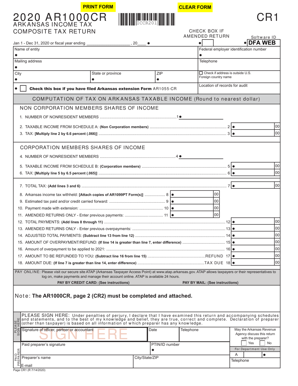 Form AR1000CR Arkansas Income Tax Composite Tax Return - Arkansas, Page 1