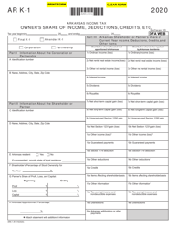 Form AR K-1 Arkansas Income Tax Owner&#039;s Share of Income, Deductions, Credits, Etc. - Arkansas