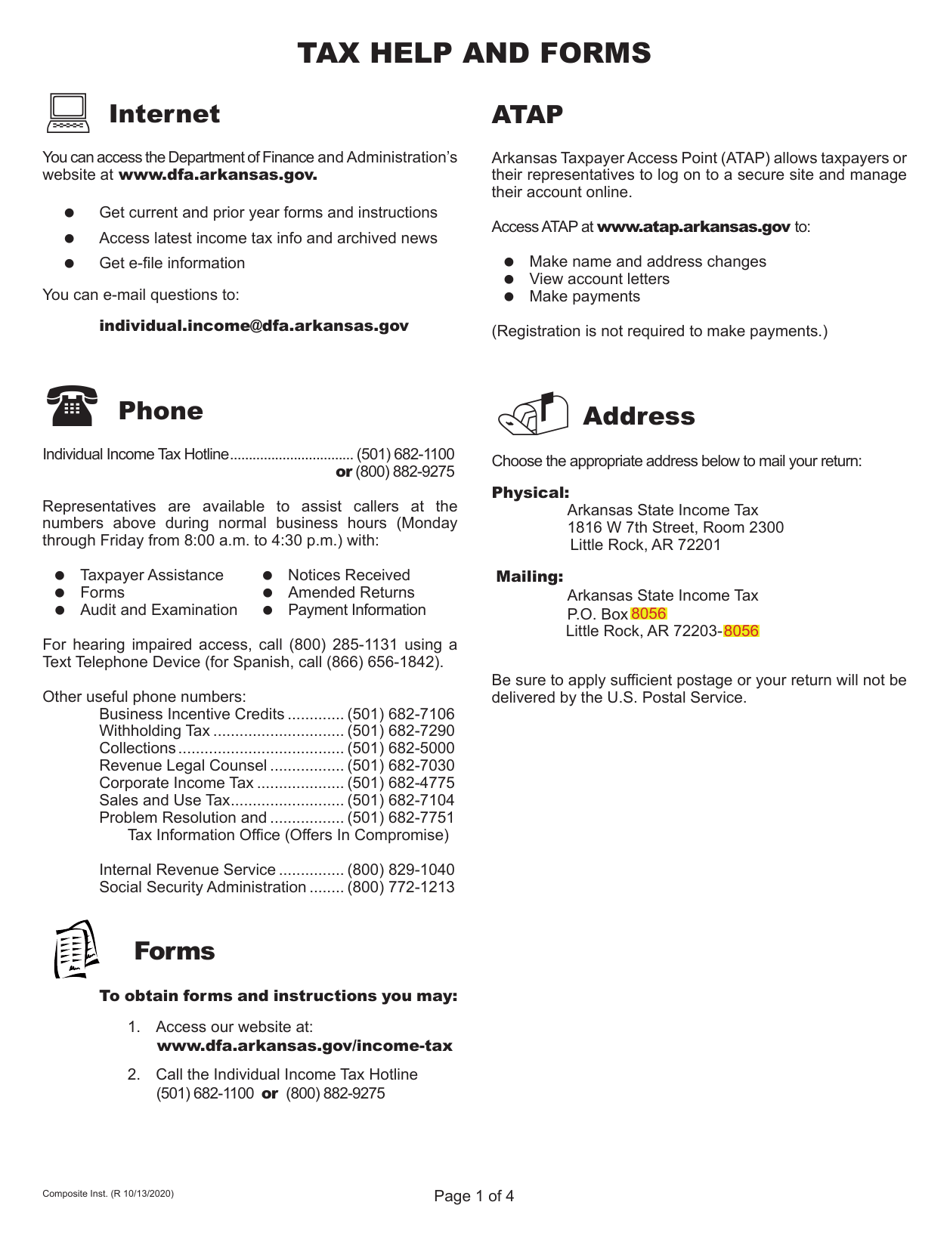 Download Instructions for Form AR1000CR Arkansas Tax Composite Tax Return PDF, 2020
