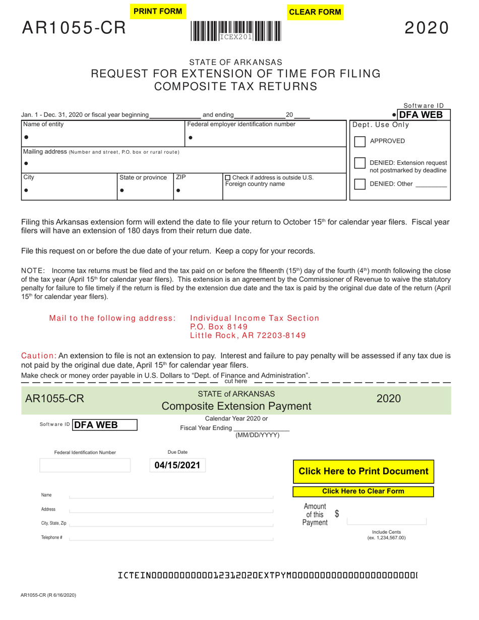 Form AR1055-CR Request for Extension of Time for Filing Composite Tax Returns - Arkansas, Page 1