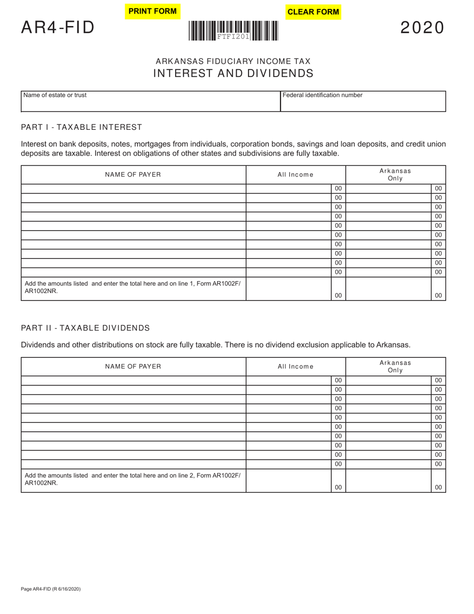 Form AR4-FID Arkansas Fiduciary Income Tax Interest and Dividends - Arkansas, Page 1