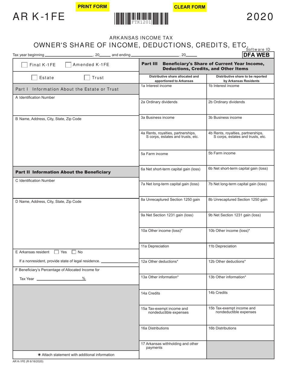 Form AR K1FE 2020 Fill Out, Sign Online and Download Fillable PDF