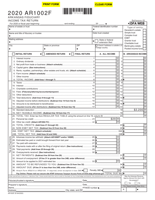 Form AR1002F Arkansas Fiduciary Income Tax Return - Arkansas, 2020