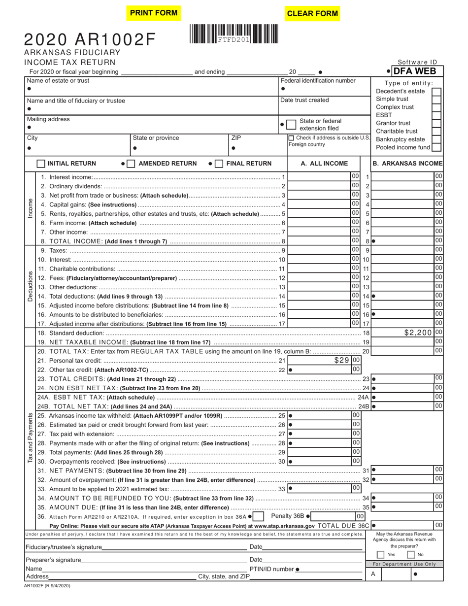 Form AR1002F Arkansas Fiduciary Income Tax Return - Arkansas, Page 1