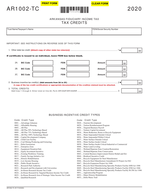 Form AR1002-TC Fiduciary Schedule of Tax Credits and Business Incentive Credits - Arkansas, 2020