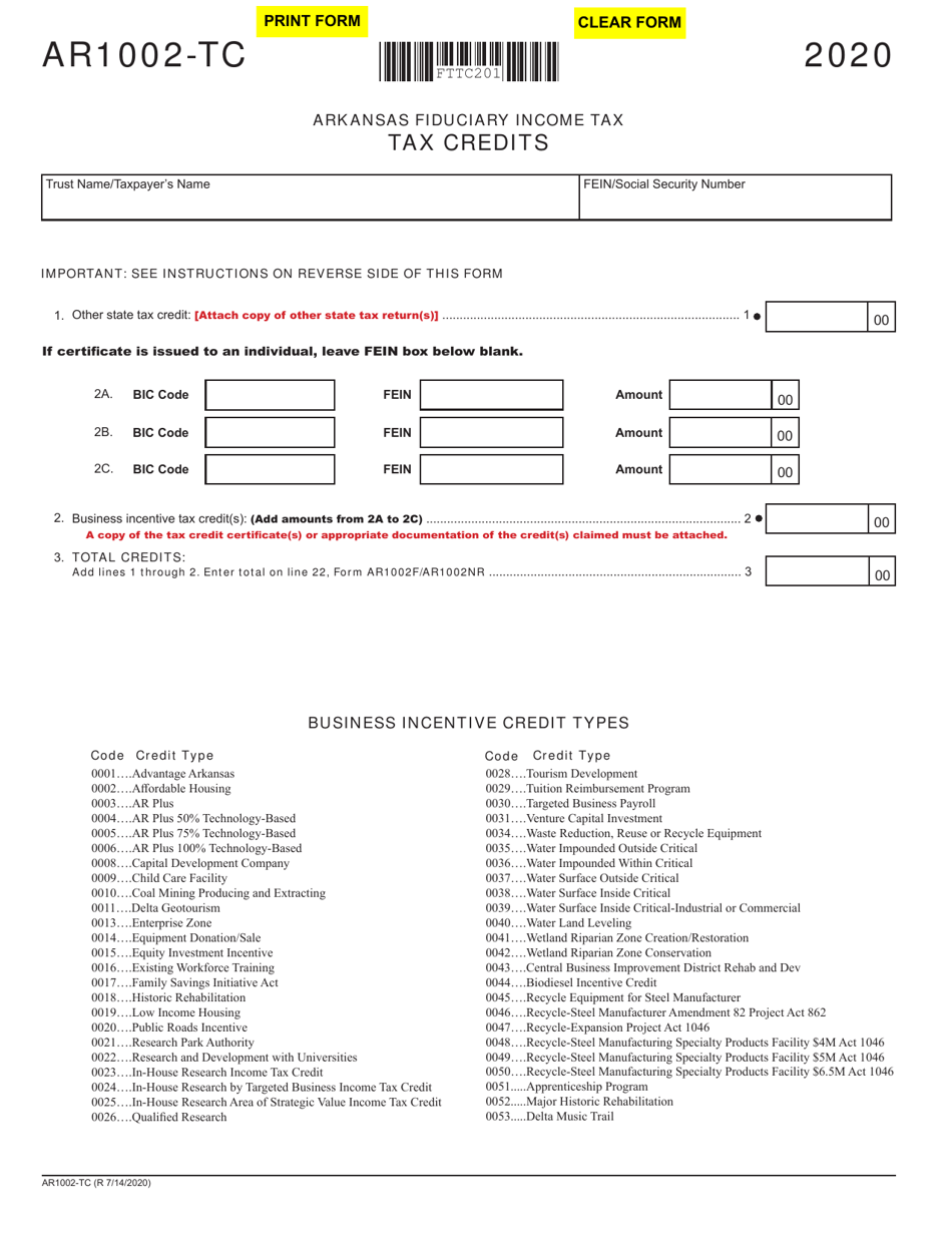 Form AR1002-TC Fiduciary Schedule of Tax Credits and Business Incentive Credits - Arkansas, Page 1