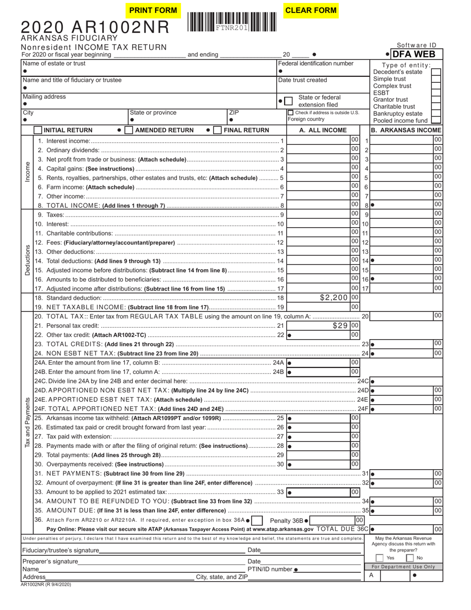 Form AR1002NR Arkansas Fiduciary Nonresident Income Tax Return - Arkansas, Page 1