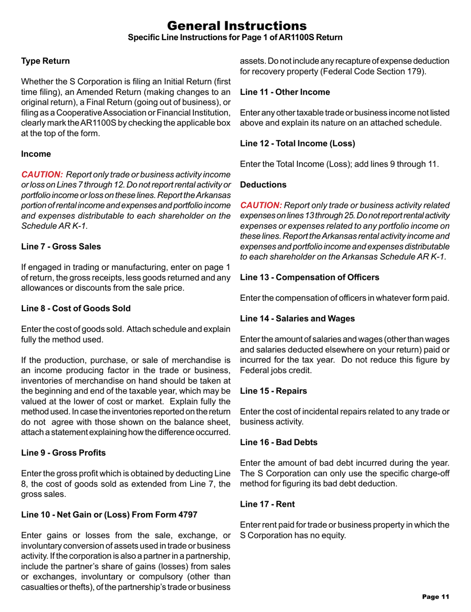 Instructions for Form AR1100S Arkansas S Corporation Income Tax Return - Arkansas, Page 11
