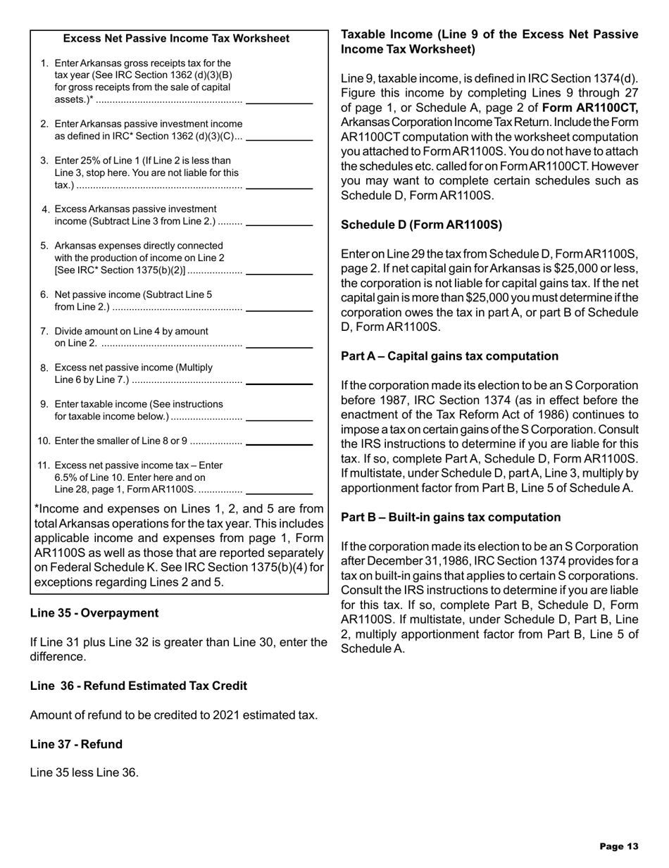 Instructions for Form AR1100S Arkansas S Corporation Income Tax Return - Arkansas, Page 13