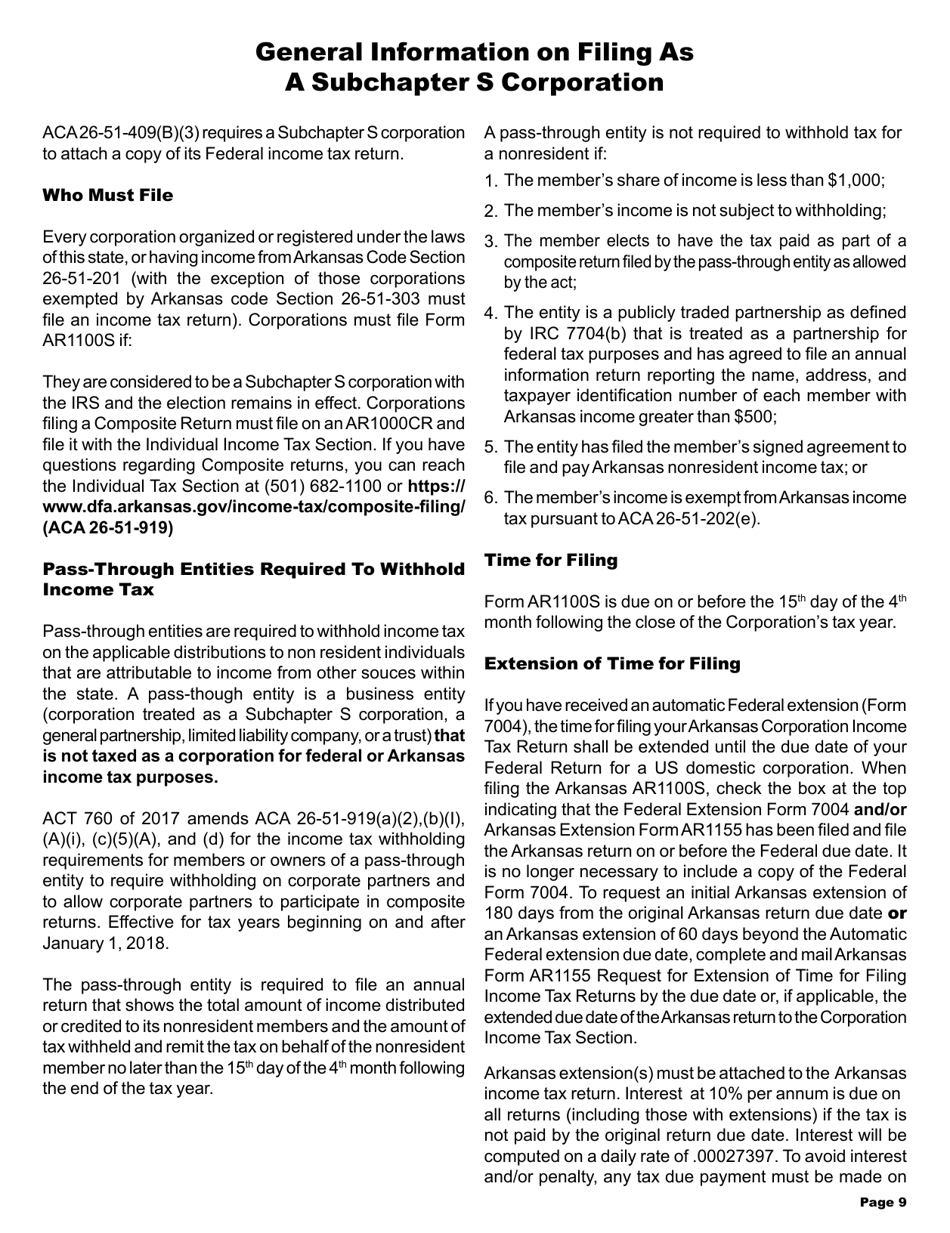 Instructions for Form AR1100S Arkansas S Corporation Income Tax Return - Arkansas, Page 9