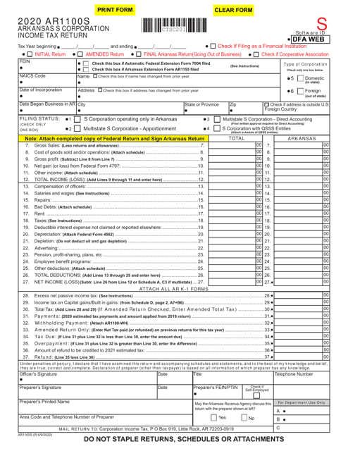 Form AR1100S Arkansas S Corporation Income Tax Return - Arkansas, 2020
