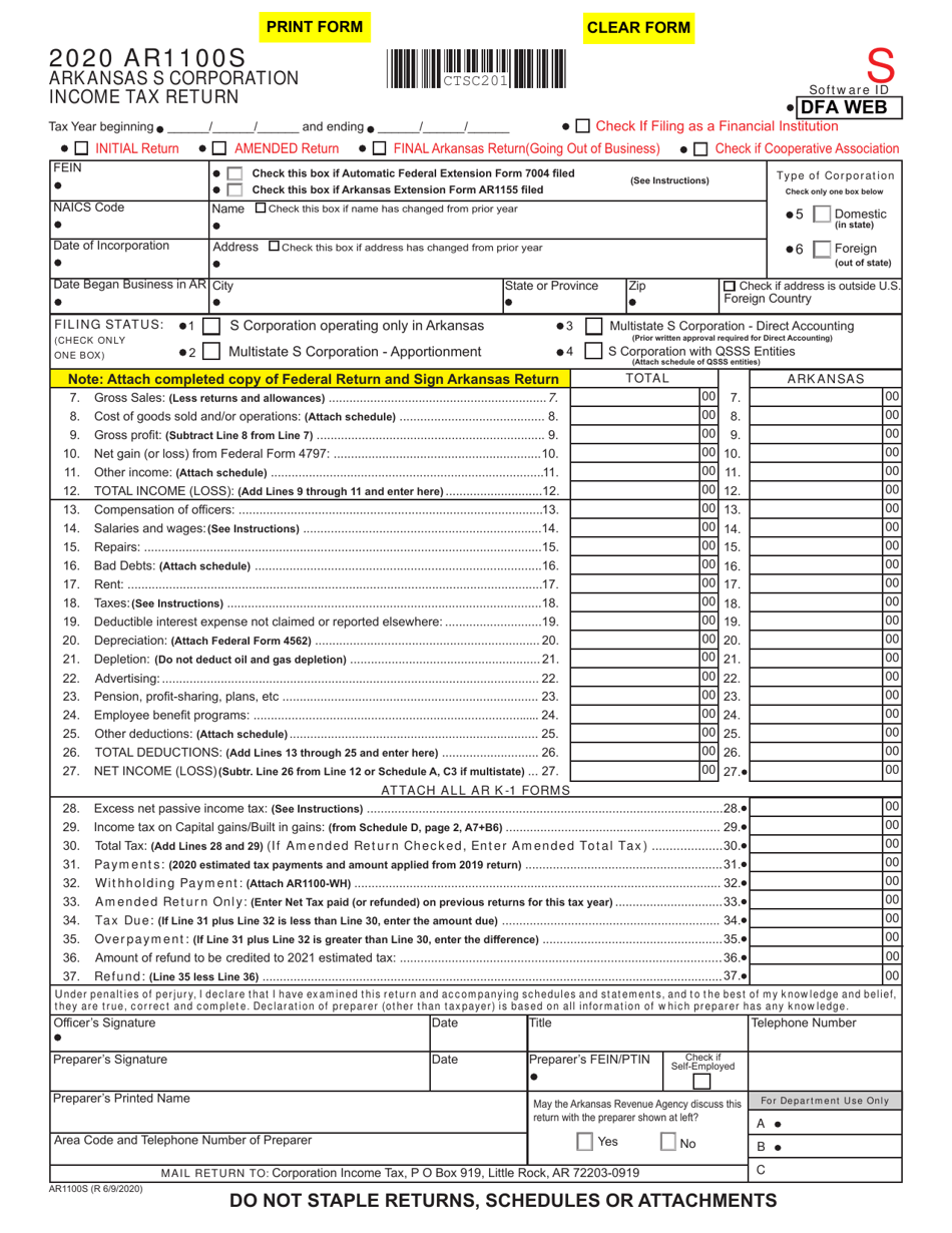 Form AR1100S Arkansas S Corporation Income Tax Return - Arkansas, Page 1