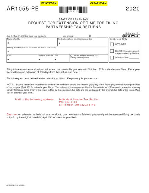 Form AR1055-PE Request for Extension of Time for Filing Partnership Tax Returns - Arkansas, 2020