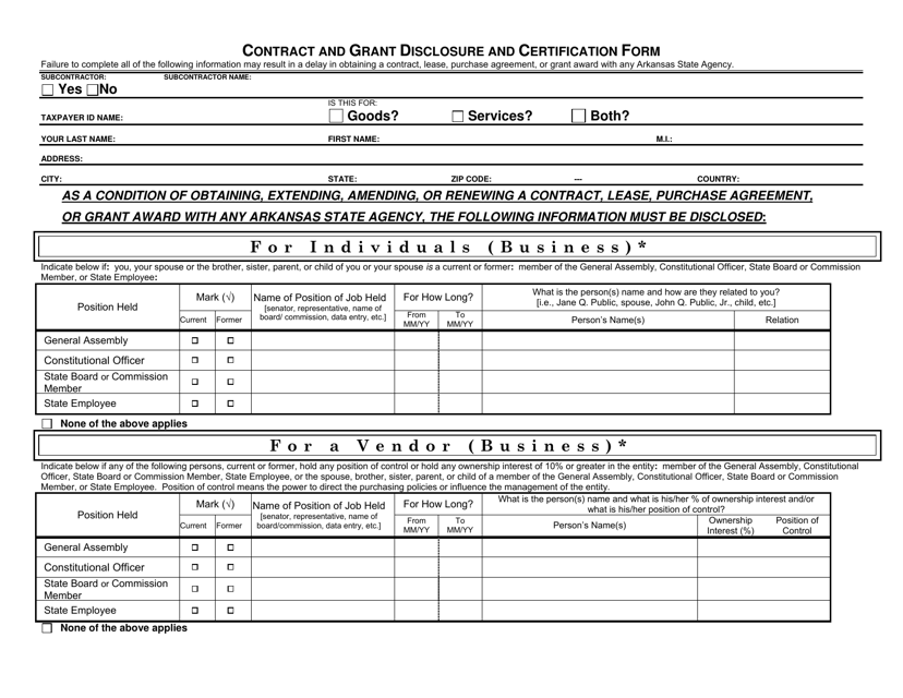 Contract and Grant Disclosure and Certification Form - Arkansas Download Pdf