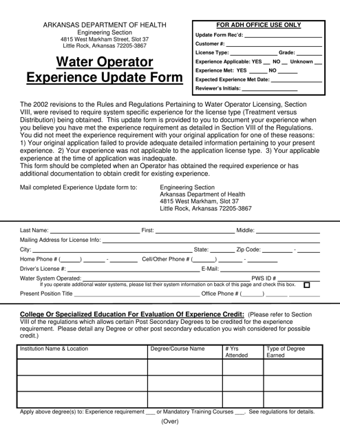Water Operator Experience Update Form - Arkansas Download Pdf