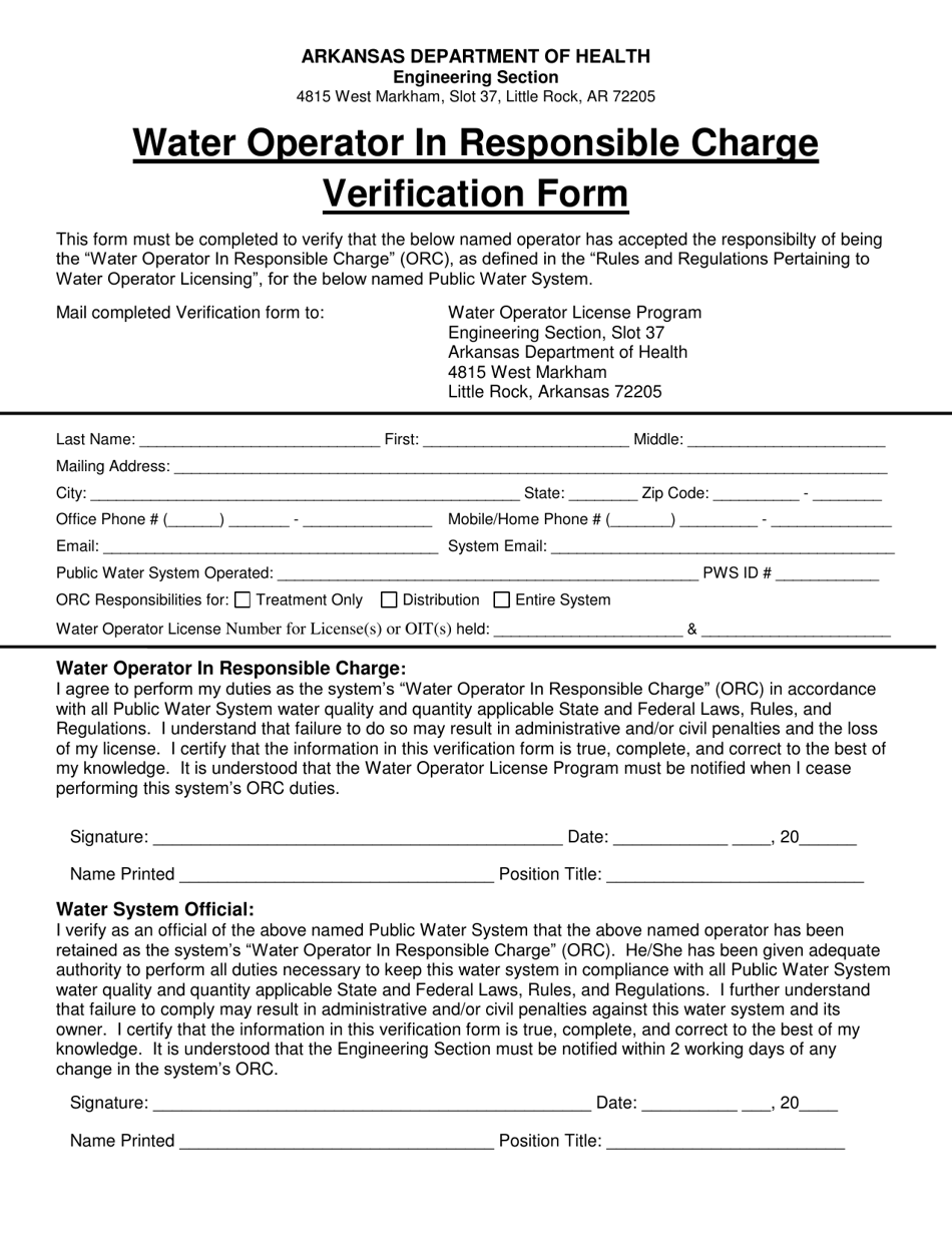 Water Operator in Responsible Charge Verification Form - Arkansas, Page 1