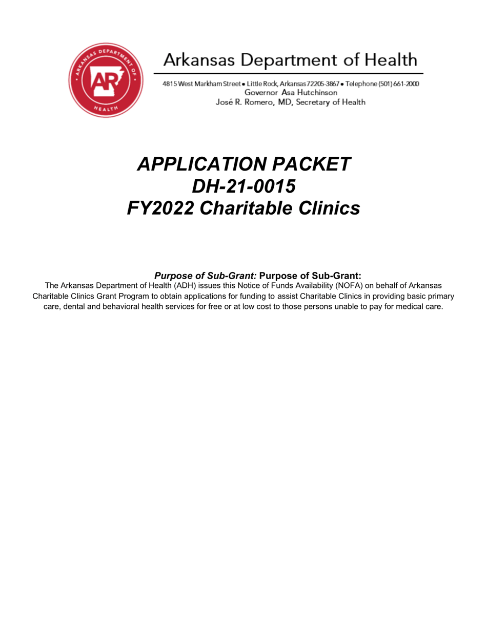 Form DH-21-0015 Arkansas Charitable Clinics Grant Program Application Packet - Arkansas, Page 1