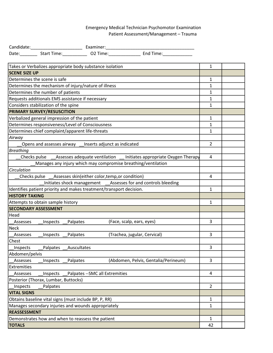 Emergency Medical Technician Psychomotor Examination - Patient Assessment / Management - Trauma - Arkansas, Page 1