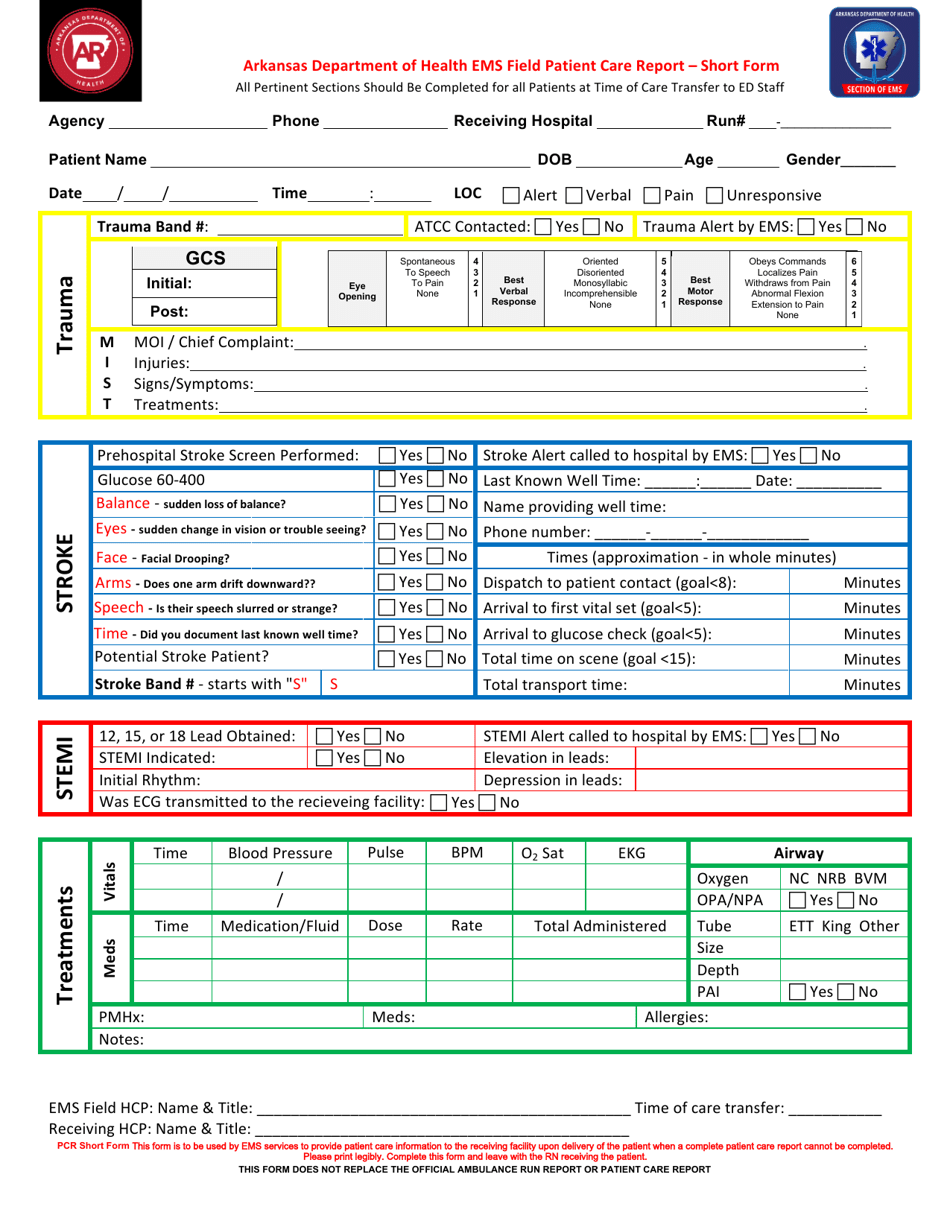 EMS Field Patient Care Report - Short Form - Arkansas, Page 1