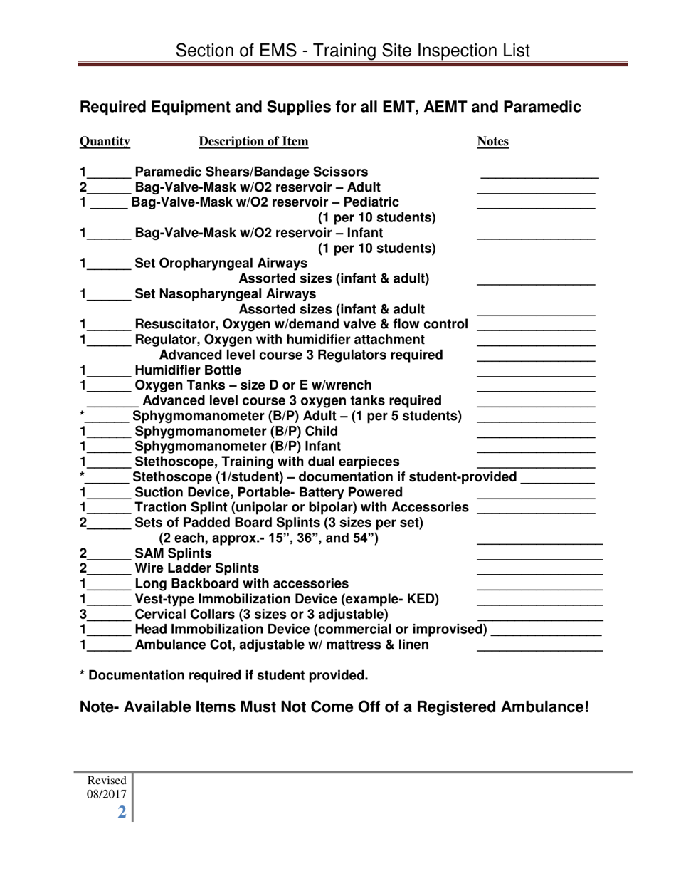 Section of EMS - Training Site Inspection List - Arkansas, Page 2