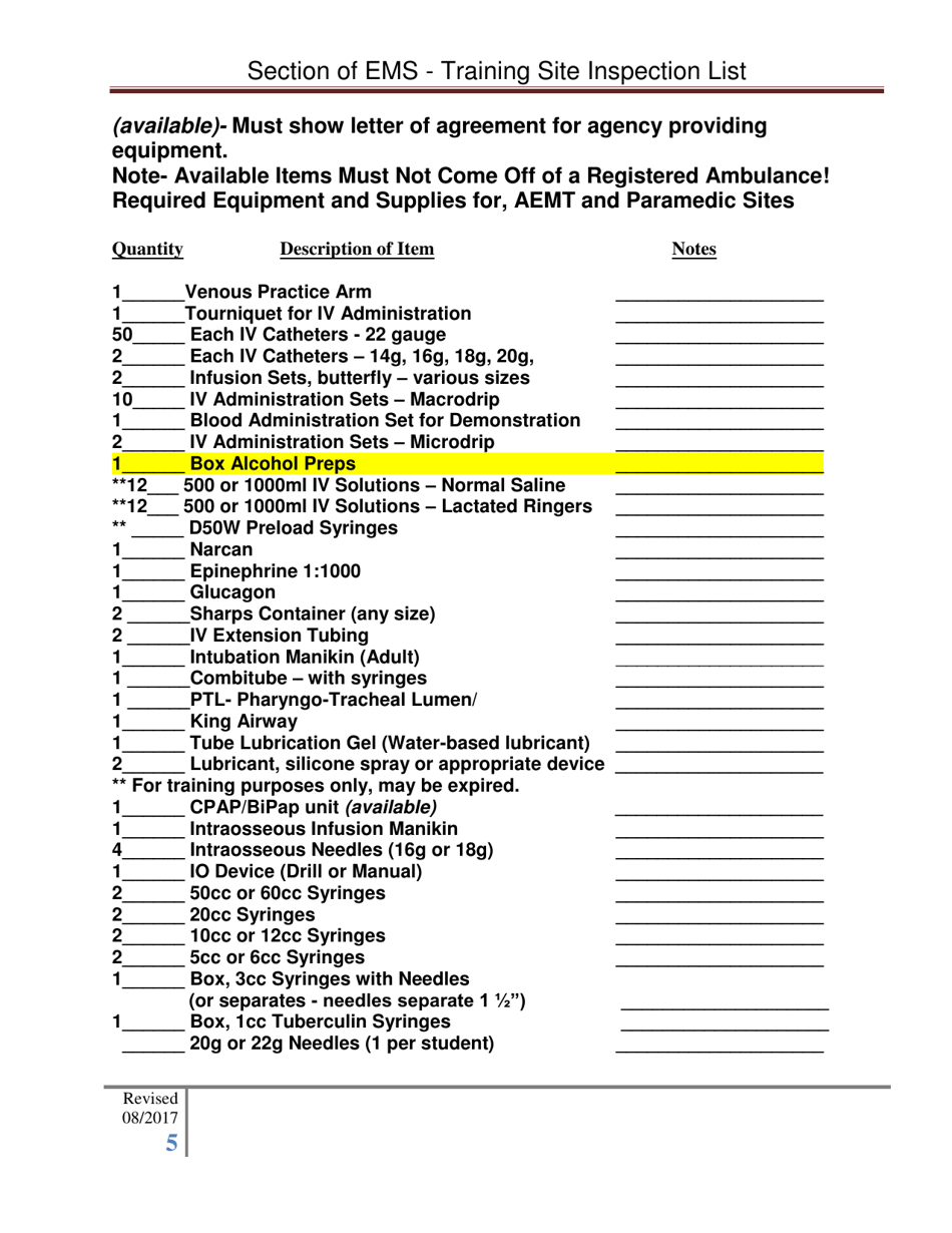 Section of EMS - Training Site Inspection List - Arkansas, Page 5